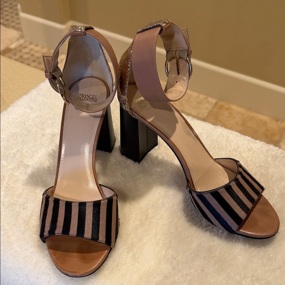 Frances Valentine Calf Hair Striped Glitter Back Heel Sandals